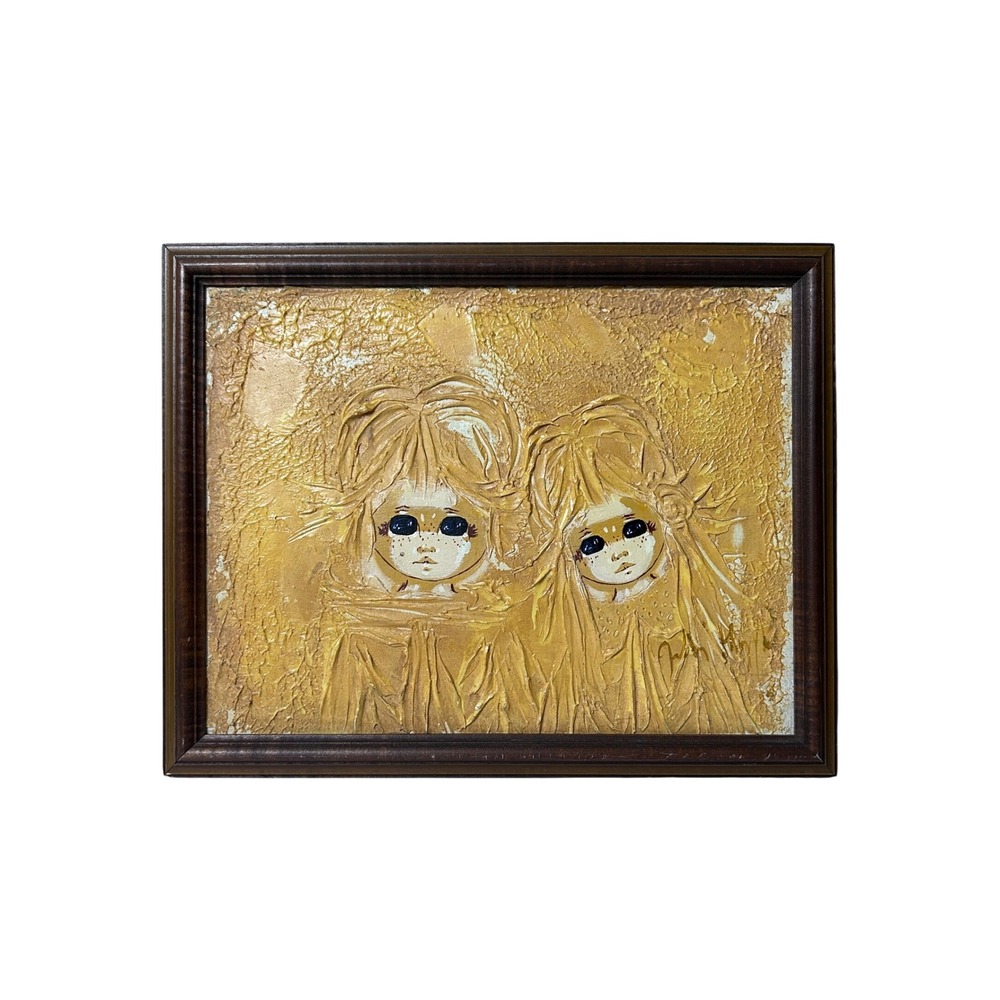 Vintage Big‎ Eye Children Waif Textured Canvas Painting Mid Century Impasto